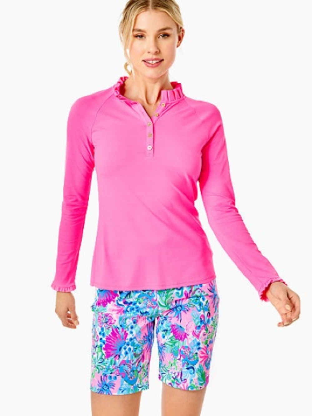 Lilly Pulitzer Luxletic Hutton Polo Hot Pink Long Sleeve Ruffle UPF 50+ Collar M